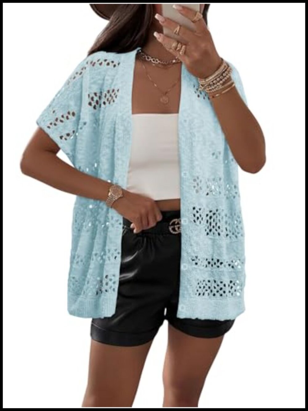 Women Crochet Cardigan Short Sleeve Knit Open Front Sweater V-Neck - Picture 2 of 6